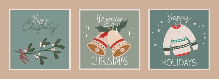 Vector conjunto de tarjetas de navidad y año nuevo con ilustraciones dibujadas a mano de símbolos navideños en estilo retro