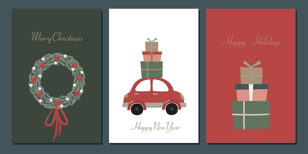 Un conjunto de tarjetas de Navidad Aperturas de Año Nuevo Postales de invierno Árbol de Navidad Regalos de coche Christm