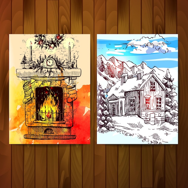 Vector conjunto de tarjetas de navidad bocetos de chimenea y paisaje invernal con casa y montañas.