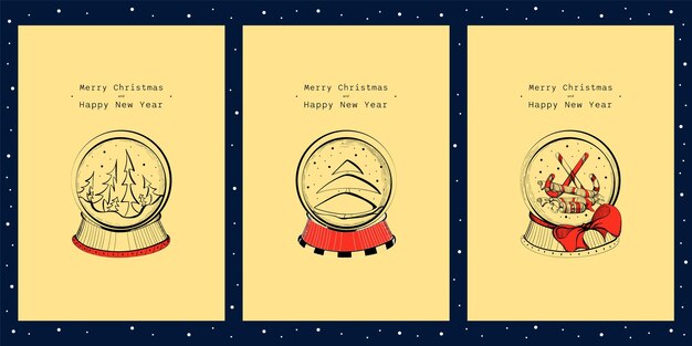 Conjunto de tarjetas de Navidad con bolas de año nuevo con nieve
