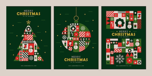 conjunto de tarjetas de Navidad con cajas de colores e iconos de Navidad en un fondo verde