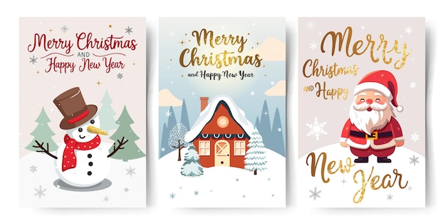 Conjunto de tarjetas de Navidad con caracteres de invierno y casas Colección de targetas de felicitación con letras doradas