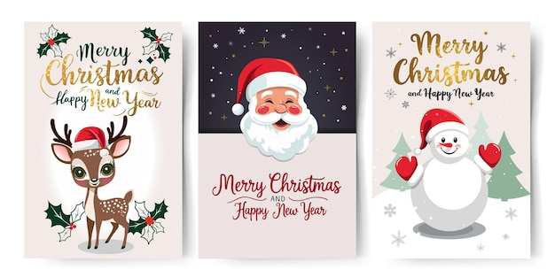 Conjunto de tarjetas de Navidad con caracteres de invierno Letras doradas Tarjetas de felicitación infantiles de vacaciones