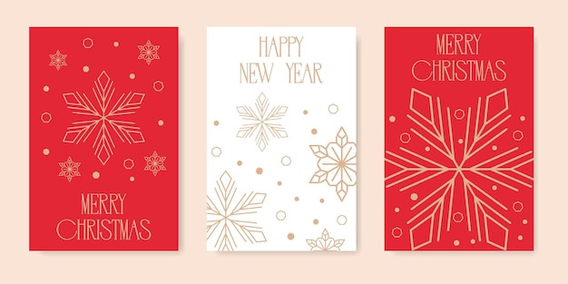 Un conjunto de tarjetas de Navidad con copos de nieve en tonos rojos y dorados