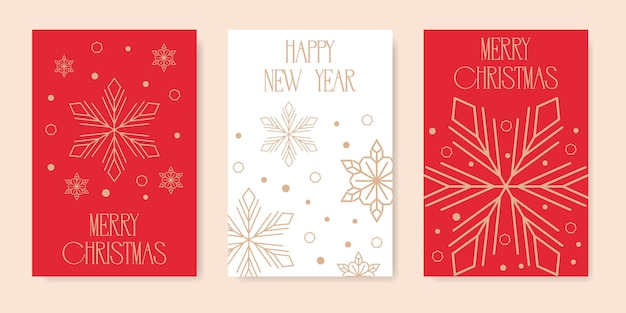 Vector un conjunto de tarjetas de navidad con copos de nieve en tonos rojos y dorados