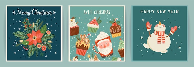 Conjunto de tarjetas de Navidad y Feliz Año Nuevo Lindas ilustraciones brillantes con símbolos de Año Nuevo Diseño vectorial