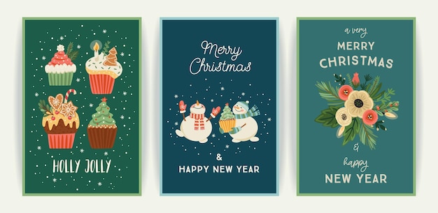 Conjunto de tarjetas de Navidad y Feliz Año Nuevo Lindas ilustraciones brillantes con símbolos de Año Nuevo Diseños vectoriales