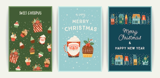 Conjunto de tarjetas de Navidad y Feliz Año Nuevo Lindas ilustraciones brillantes con símbolos de Año Nuevo Diseños vectoriales