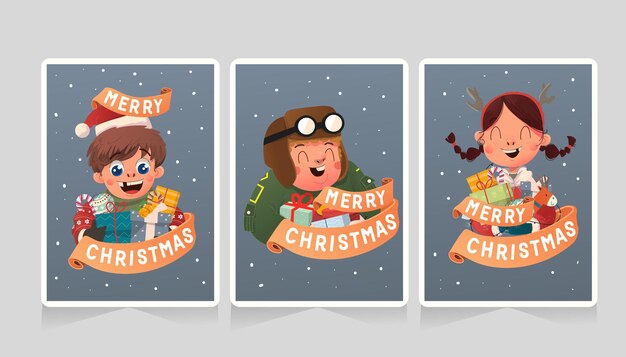 Conjunto de tarjetas de navidad con ilustración de niño y niña lindo dibujado a mano