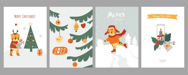 Conjunto de tarjetas de navidad ilustración de vector de estilo plano lindo aislado