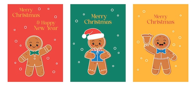 Vector conjunto de tarjetas de navidad con ilustraciones de un hombre de pan de jengibre feliz navidad gráfico vectorial