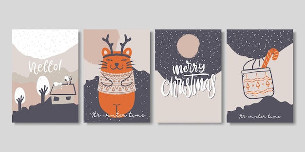 Conjunto de tarjetas de navidad y invierno creativas artísticas.