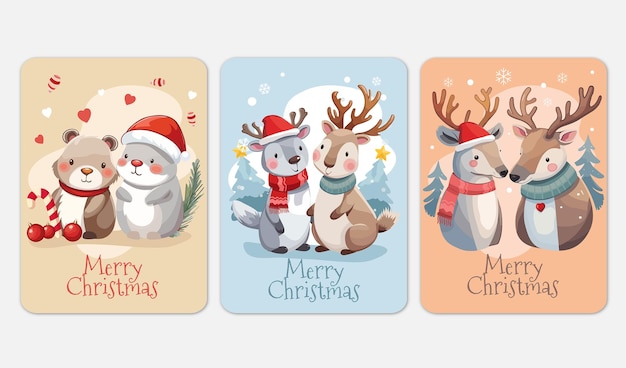 Conjunto de tarjetas de Navidad con lindas parejas de animales