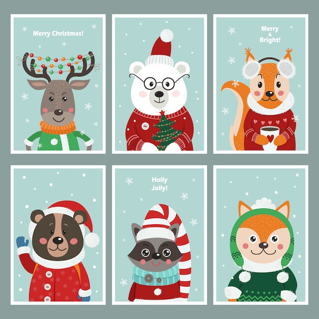 Conjunto de tarjetas de navidad con lindos animales del bosque.