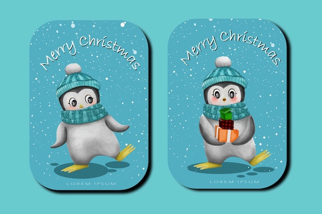 Conjunto de tarjetas de navidad de pingüinos de acuarela