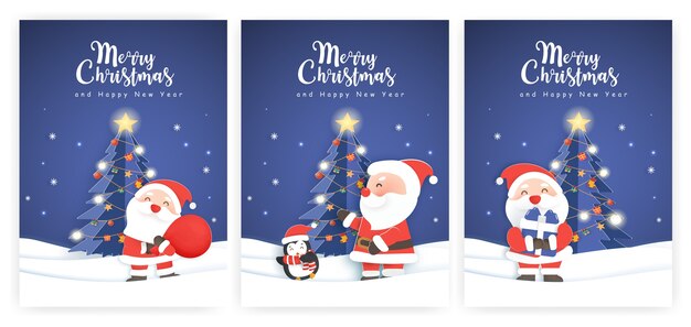 Conjunto de tarjetas de Navidad y tarjetas de felicitación de año nuevo con una linda Papá Noel y amigos.