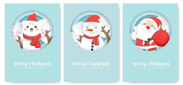 Conjunto de tarjetas de Navidad y tarjetas de felicitación de año nuevo con una linda Papá Noel y amigos.