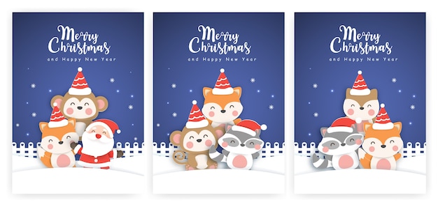 Conjunto de tarjetas de navidad y tarjetas de felicitación de año nuevo con lindos animales en la nieve.