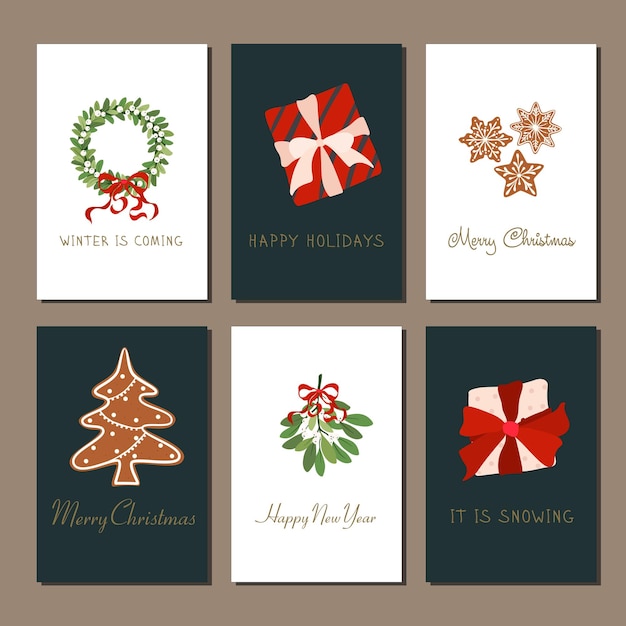 Conjunto de tarjetas de Navidad volantes dibujados a mano Letrado con elementos decorativos navideños Vector
