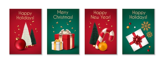 Conjunto de tarjetas navideñas con elementos realistas.