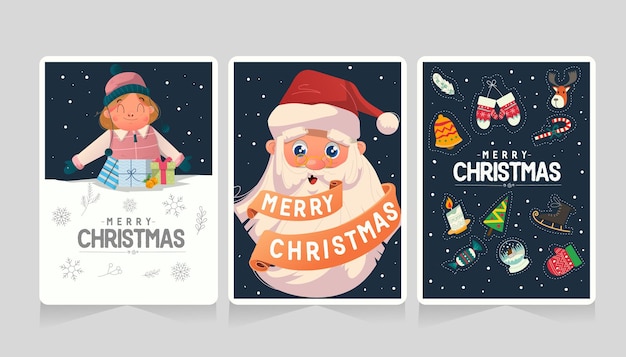 Conjunto de tarjetas navideñas con ilustración de cosas navideñas y linda chica santa dibujada a mano