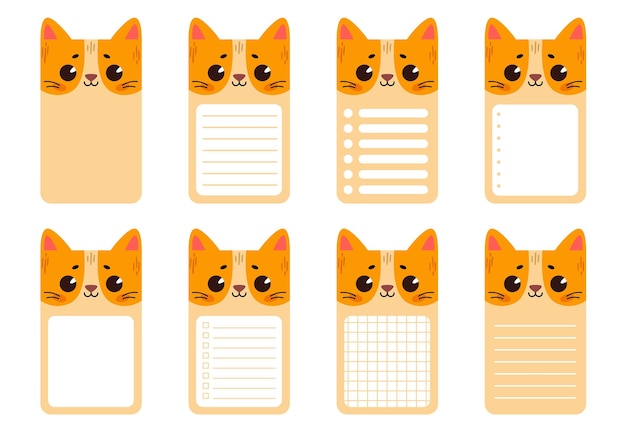 Un conjunto de tarjetas de notas con un lindo gato tarjetas rectangulares para notas post-it notas lista de tareas pendientes y diario espacio en blanco a cuadros gobernado para texto