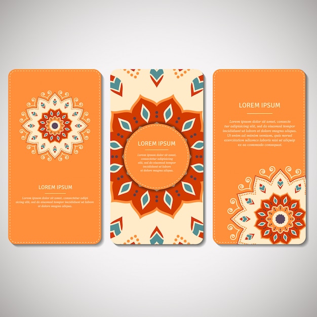 Vector conjunto de tarjetas ornamentales, volantes con mandala.