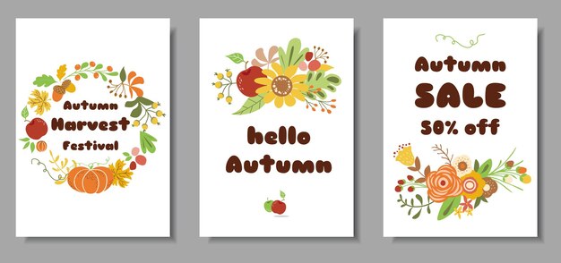 Conjunto de tarjetas de otoño plantilla de diseño de mercado de cosecha de venta de otoño flores dibujadas a mano lindas hojas vector de corona floral