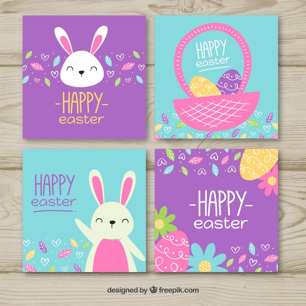 Vector conjunto de tarjetas de pascua azules y moradas