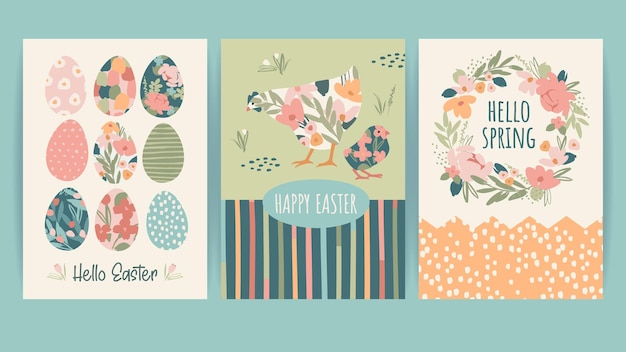 Vector conjunto de tarjetas de pascua plantillas de diseño vectorial en colores vintage pastel