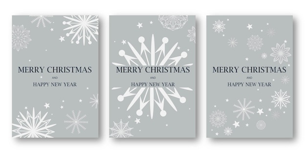 Conjunto de tarjetas de plata con estado de ánimo de invierno y Feliz Navidad y Feliz Año Nuevo letras tres simples