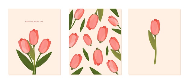 Conjunto de tarjetas de primavera con tulipanes Postales para el día de la mujer Gráficos vectoriales