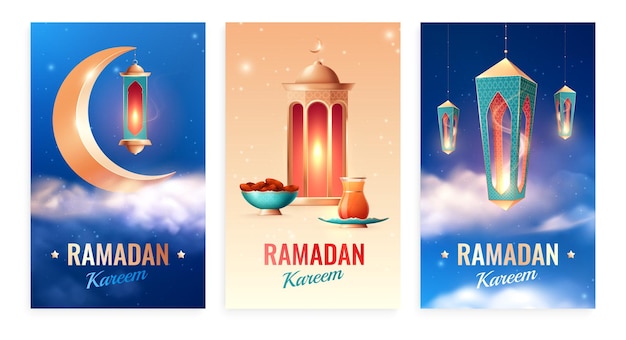 Conjunto de tarjetas realistas de Ramadán de tres composiciones verticales con cielo.