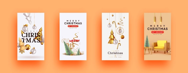 Conjunto de tarjetas de regalo de Navidad y Año Nuevo. Banderas de Navidad, póster web, folletos y folletos, tarjetas de felicitación, portadas brillantes de grupo. Diseño con objetos de decoración navideños realistas.