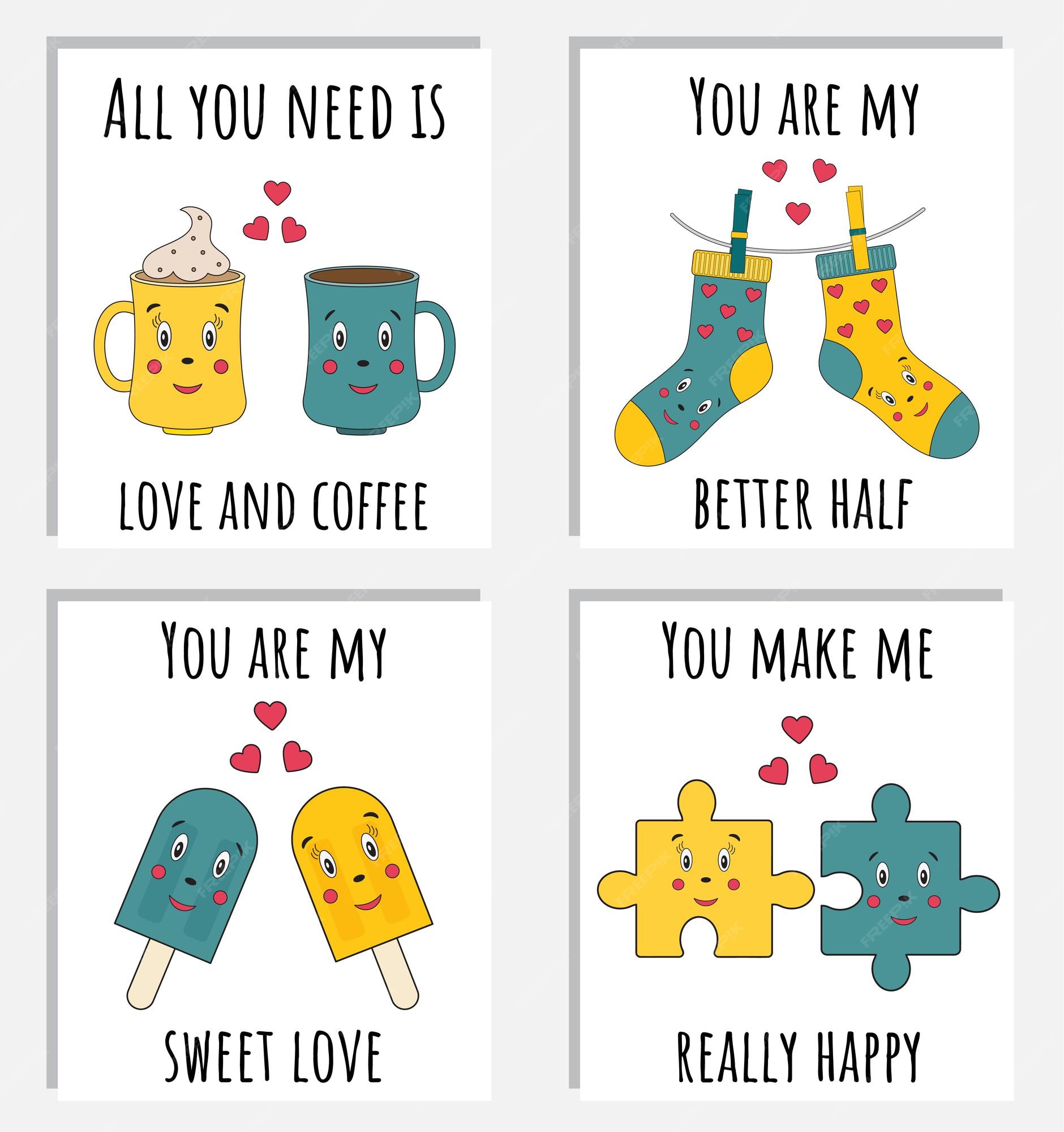 Conjunto de tarjetas románticas divertidas listas para usar con frases  sobre el amor plantilla de tarjetas de felicitación love you | Vector  Premium