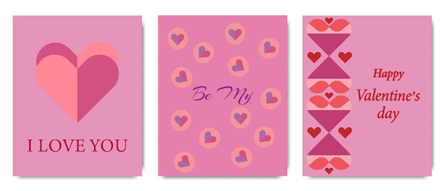Conjunto de tarjetas de San Valentín con corazones rosados y rojos texto romántico y diseños creativos