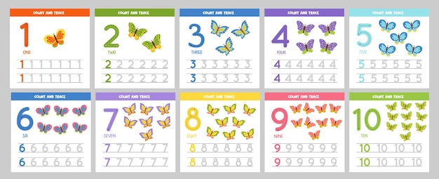 Conjunto de tarjetas de seguimiento de números con lindas mariposas Números de aprendizaje para niños