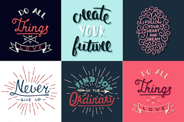 Vector conjunto de tarjetas de tipografía motivacional e inspiradora.