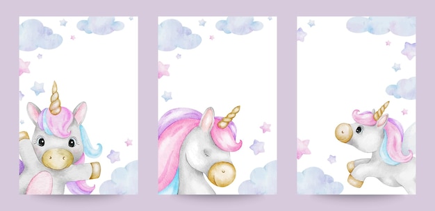 Conjunto de tarjetas de unicornios Colección Marcos de acuarela dibujados a mano aislados con poni de cuento de hadas plantillas para invitaciones postales de fiestas de cumpleaños baby shower y habitación de niños