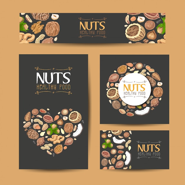 Conjunto de tarjetas vector con nueces y semillas