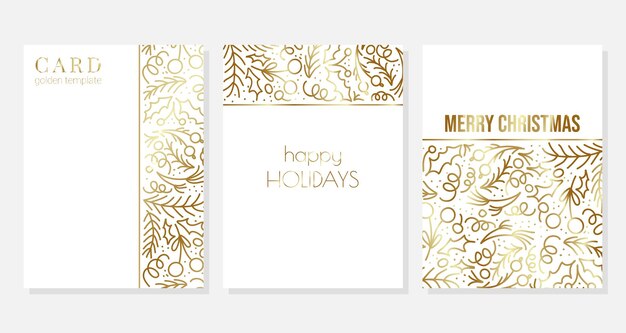 Conjunto de tarjetas vectoriales elegantes de Navidad dibujadas a mano con bayas, ramas de pino y holly.