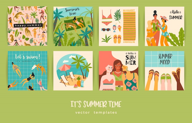 Conjunto de tarjetas de verano con ilustraciones.