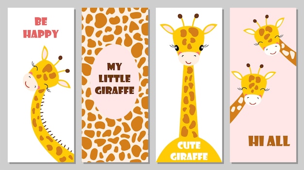 Conjunto de tarjetas verticales con linda jirafa de dibujos animados