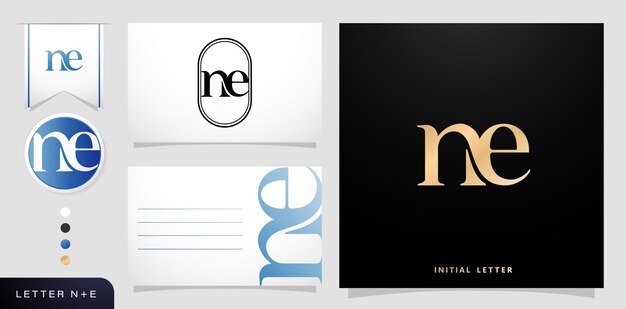 un conjunto de tarjetas de visita con la letra NE lujo iniciales N y E logotipos diseños en azul