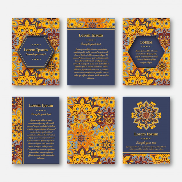 Conjunto de tarjetas, volantes, folletos con mandala