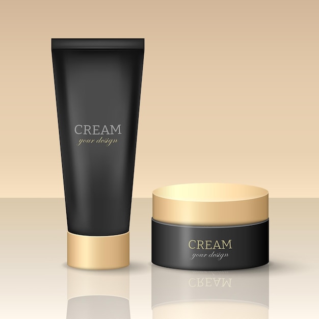 Conjunto de tarro y tubo de crema dorado y negro de lujo tridimensional Plantilla de contenedor cosmético