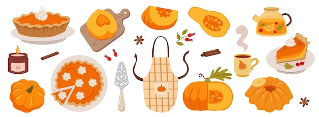 Conjunto de tarta de calabaza rebanada de calabasa especias merengues toda la tarta pedazo de tarta delantal tetera