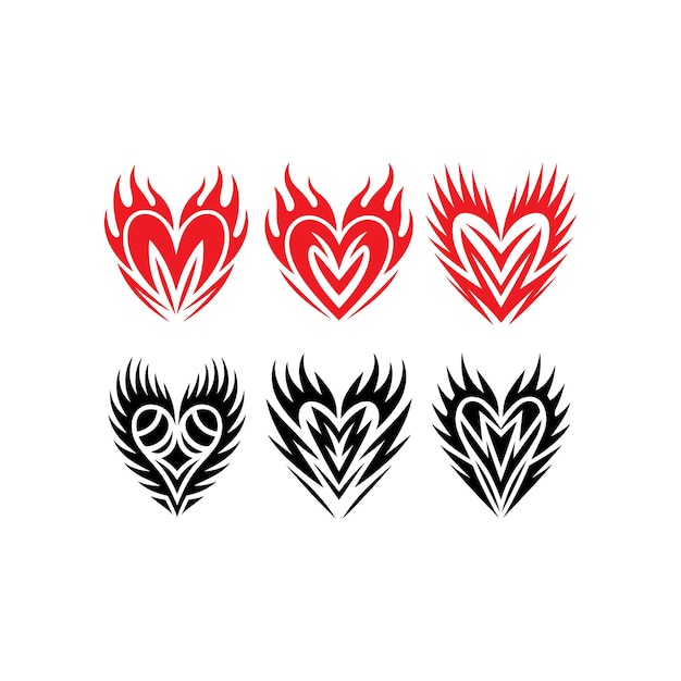 Conjunto de tatuajes de corazón en estilos tribales y ardientes