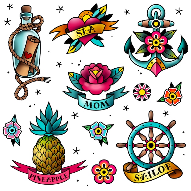 Vector conjunto de tatuajes de la vieja escuela