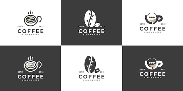 Conjunto de taza de café moderna creativa con plantilla de vector de diseño de logotipo de frijoles